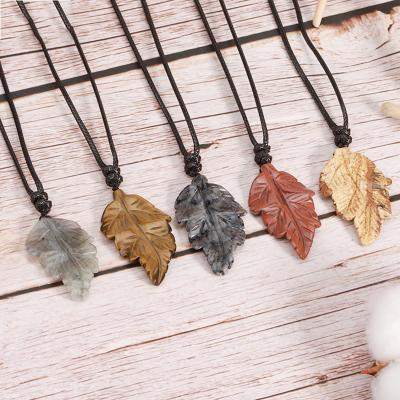 China Vintage Vintage Chakra Reiki Healing Gemstone Carving Leave Pendants Natural Stone Crystal Leaf Pendant Necklace for Halloween Gift A017 for sale