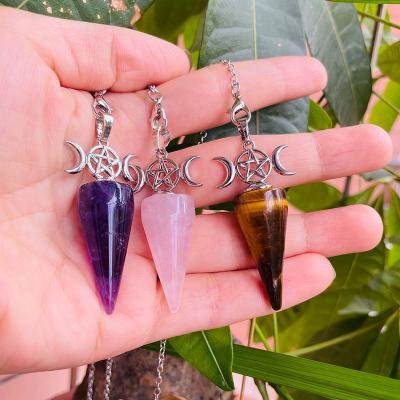 China Europe Healing Energy Reiki Cone Triple Moon Goddess Pentagram Quartz Pendulos Natural Stone Pendulum Crystal Pendant for Divination for sale