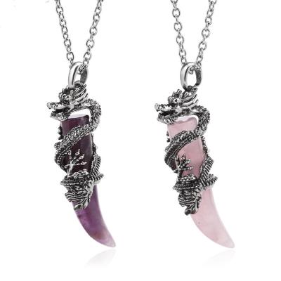 China Crystal Wolf Tooth Shape  Wholesale Personality Stainless Steel Dragon Natural Stone Amethyst Crystals Wolf Tooth Pendant For Men Necklace Jewelry A055 for sale