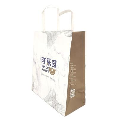 China Recycled Materials Custom restaurant food delivery take out packaging bag design your own logo flat handle takeaway carry kraft paper bagHot for sale