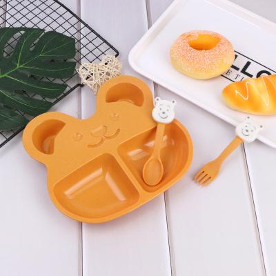 China Eco-Friendly/Cute Kids Wheat Appearance Straw Tableware Bowl Spoon Fork Bear Cartoon Tableware Set Biodegradable Practical Gifts for sale