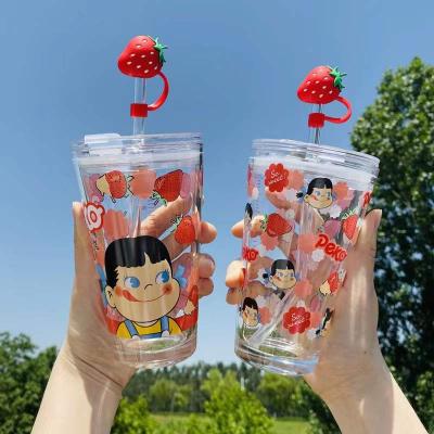 China Cartoon Decanter Reusable Slim Glass Cup With Straight Lid And Straw Water Wine Sliding Lid Glass Can Be Used Coffee Mug Smoothie Mug for sale