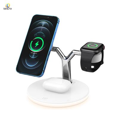 China Qi Universal 3 in 1 Fast Magnetic Stand 15W Qi Wireless Phone Charger Wireless Charger with LED Lamp for sale