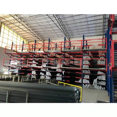 China Corrosion Protection Heavy Duty Cantilever Double Arm Shelf Steel Pipe Hardware Steel Pipe Storage Wooden Rack for sale