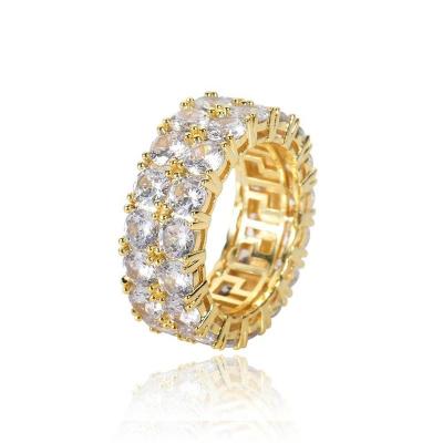 China TRENDY Gold Plated Zircon Ring 2Rows Round Cut Iced Out Lab Diamond Eternity Bands Gold Bling Rings For Men for sale