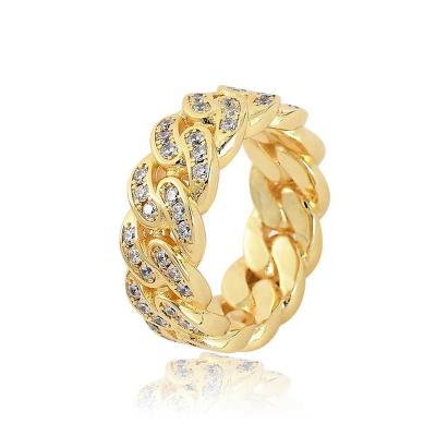 China TRENDY 8mm Cuban Link Rings For Men Bling Gold Plated Iced Out 2 Row Zircon Hip Hop Engagement Band Ring For Men for sale