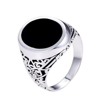 China Fashion Trendy Vintage Jewelry Hot Selling Natural Agate Stone Black Rings 925 Sterling Silver Genuine Men's Rings for sale