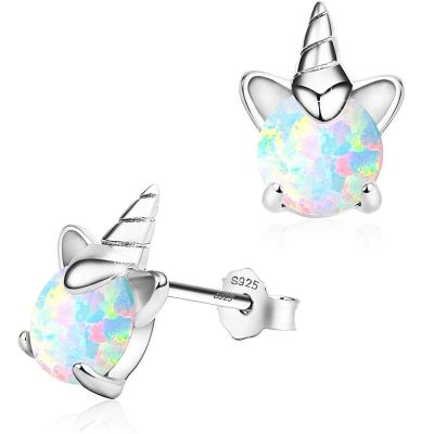 China S925 Unicorn Earrings Opal Gem Sterling and Vitality Girl Romantic Silver Wind Children's Cute Jewelry for sale