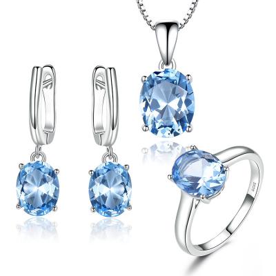 China TRENDY Blue Topaz Pendant Necklace Rings Earrings Set for Women Girls 925 Sterling Silver Birthstone Birthday Gifts for Her for sale