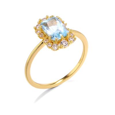 China TRENDY Sky Blue Topaz Rings 14K Gold Plated Square Zircon Sterling Silver Women Anniversary Engagement Wedding Gemstone Ring for sale