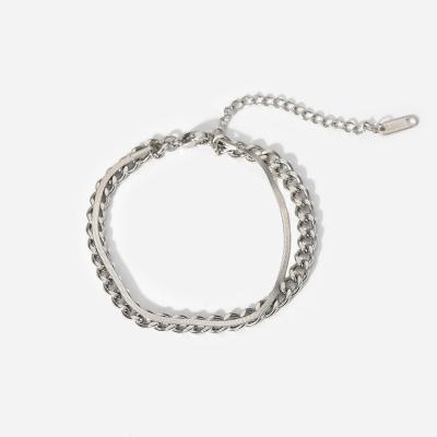 China Other fashion European and American simple silver Cuban chain Double-layer snake chain bracelet ladies flat stainless steel jewelry for sale