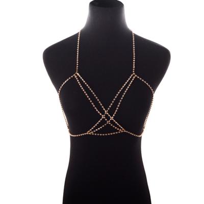 China TRENDY Rhinestone Bra Body Chains Crystal Chest Chain Cross Bra Summer Boho Beach Gold Body Chain Jewelry for Women and Girls for sale