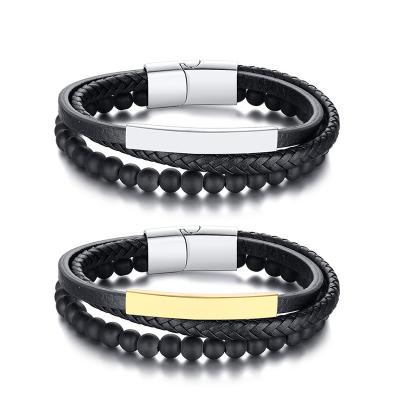 China FASHIONABLE Stylish Designs 316 Stainless Steel Jewelry Agate Stone Wristbband For Men Black Leather Wrap Bracelet With Magnetic Clasp for sale