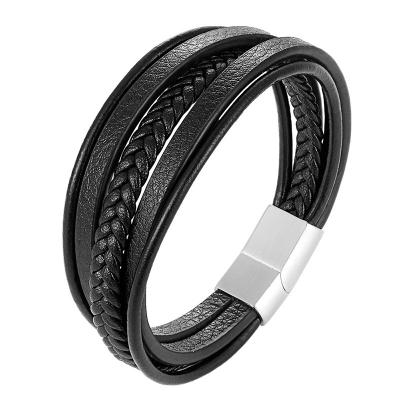 China Fashion Bracelets Designs 316 Stainless Steel Wrap Men's FASHIONABLE Multilayer Leather Bracelet With Magnetic Clasp for sale