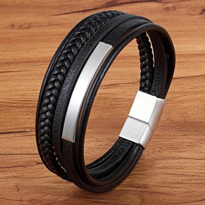 China Fashion Designs 316 Stainless Steel Cuff Bracelets Fashion Stylish Black Leather Wrap Men's Multilayer Bangle Bracelet for sale