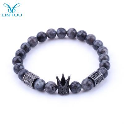 China FASHIONABLE Elegant Natural Beaded Gray Jasper Stone Pave Diamond Crown Bracelet Unisex for sale