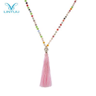 China Fashion Trendy Women's Prayer Beads Multicolor Diamond Buddha Tassel Pendant Necklace Along for sale