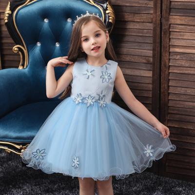 China Breathable Blue Round Dress For Kids Neck Flower Dress For Kid Baby Sleeveless Fluffy Dresses Party 0-5 Years for sale