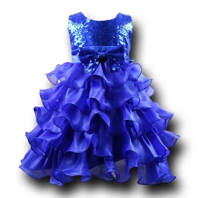 China 3-12 Years Old Child Banquet Dress Sleeveless Blue Bow Decoration Sequin Dress Breathable Gorgeous Girl Dress Bow Decoration Costume for sale