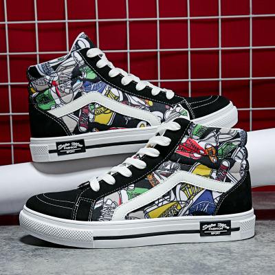 China Fashion Trend Graffiti Print Lace Up Classic Canvas Shoes Mens High Top Flat Top Sneakers Casual Shoes for sale