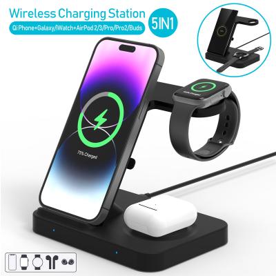 China 15W 5in1 Mobile Phone Stand Station Foldable 5 in 1 Wireless Charger for iPhone and Samsung for sale