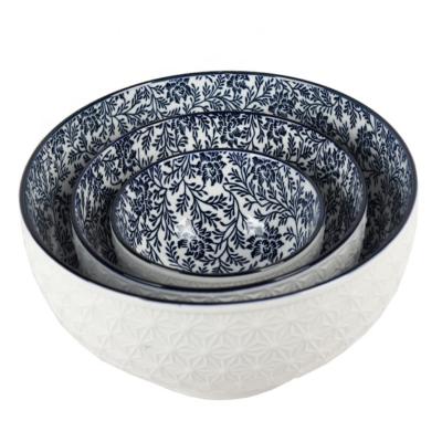 China 2021 viable hot sale embossed design and porcelain bowl inner glazed ceramic rice bowl for sale