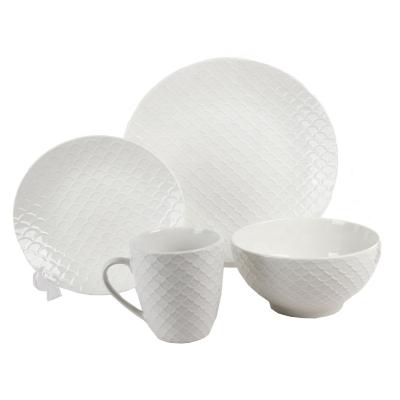 China Wholesale Viable 16 PCS Embossed White Porcelain Dinnerware Dinnerware Sets Dinner Set for sale