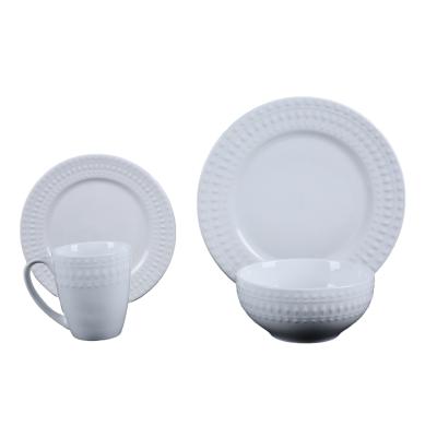 China Sustainable Wholesale 16pcs Embossed Porcelain Dish Dinnerware Ceramic Kitchenware for sale