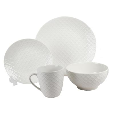 China Sustainable White Round Embossed Good Porcelain Ceramic Dinnerware for sale