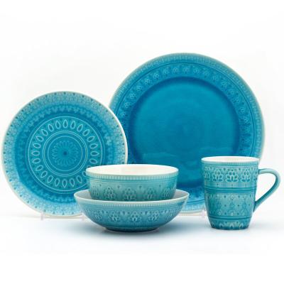 China Factory Sustainable 20 Pieces Turquoise Traditional Luxury Porcelain Dinnerware Sets Ceramic Dinner Set For 4 People for sale