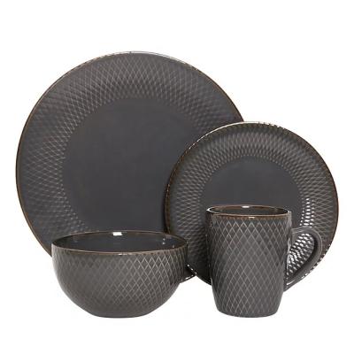 China Sustainable Newcomer Factory Supply 16 Pieces Embossed Gloss Black Porcelain Dinnerware Sets Ceramic Dinner Set for sale