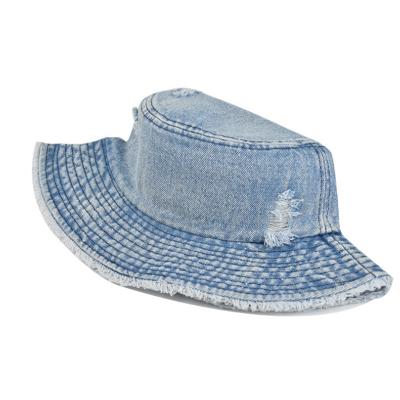 China Worn Out Image Of Ripped Jeans Bucket Hat Plain Denim Bucket Hat Distressed Bucket Hat In Jeans for sale