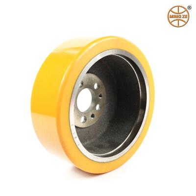 China Mingze heavy duty electric forklift drive 215*75 PU steel wheel/urethane wheel three point wheel/stacking machine wheel for sale