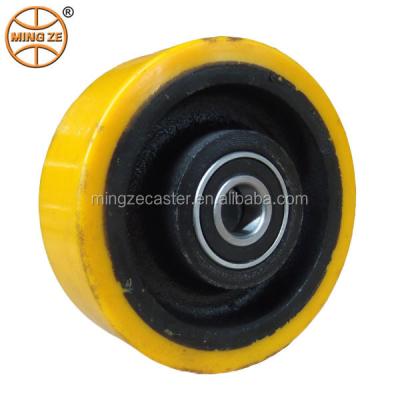 China Mingze High Quality PU Cast Wheel dia.75*25mm 82*30 100*35 125*38 150*45 160*50 180*50 250*80 300*70 400*100 Transport Hardness 98A for sale