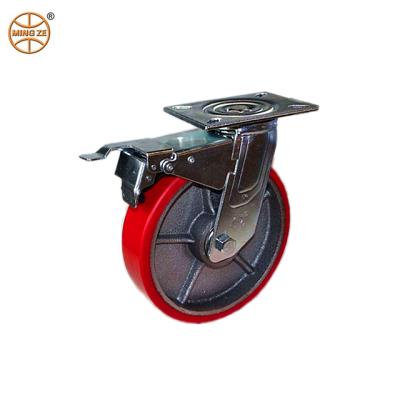 China Building Material Stores Mingze Side Brake Polyurethane Cast Iron Casters For Hand Cart/Truck/Yoke/Housing/Bracket Casters 100 125 150 200 mm for sale