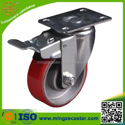 China Industrial Cast Iron Center Polyurethane Total Brake Swivel Polyurethane Wheels For Trolleys for sale