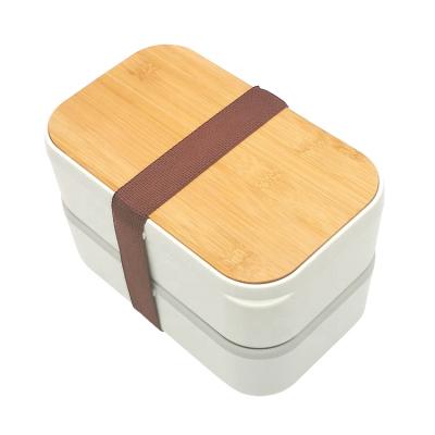 China Microwavable Microwavable PP Food Container Bento Safe Bamboo Double Lunch Box With Cutlery for sale