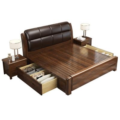 China Direct Selling Simple Modern Walnut Factory Solid Wood Twin Storage 1.5 Bed Master Bedroom Bed 1.8m Modern Walnut Chinese Wedding for sale