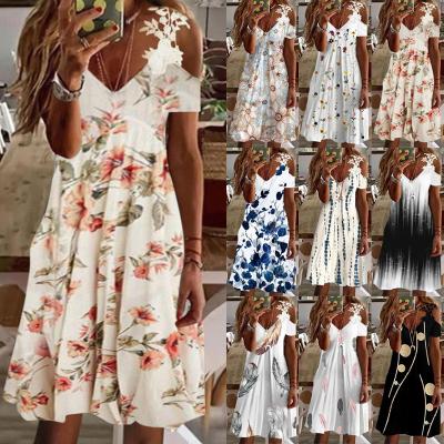 China Women's short-sleeved lace dress lace off-the-shoulder skirt 2022 summer new washable printed border women for sale