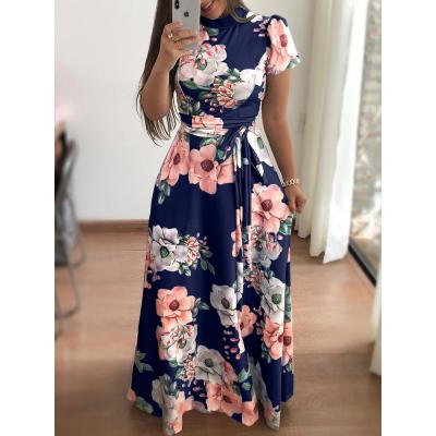 China Autumn European women's swing flower print style 2022 new washable and American short-sleeved dress apparels for sale