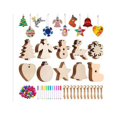 China Wooden Ornament Kit Unfinished Wooden Tree Ornaments Christmas Home Decor DIY Christamas with String Colored Bells for sale