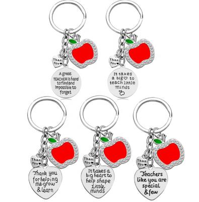 China 2022 Souvenir Gifts Promotion Newcomer Teachers Day Mental Key Chain With Apple And Thank You Plate Teacher Keychain for sale