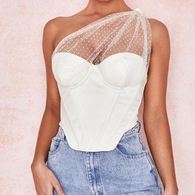 China Breathable White Lace Tops Summer One Shoulder Polka Dot Draped Tulle Corset Cropped Ladies Shirts And Blouses for sale