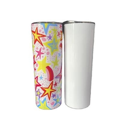 China 20oz Sublimation Straight Lean Straight White Tumbler Double Wall Insulated Coffee Mug With Slide Lid And Plastic Straw for sale