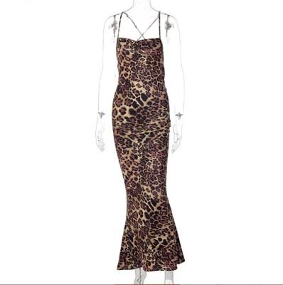 China 2022 European anti-static long skirt women and American leopard print new style sexy backless fishtail dress for sale