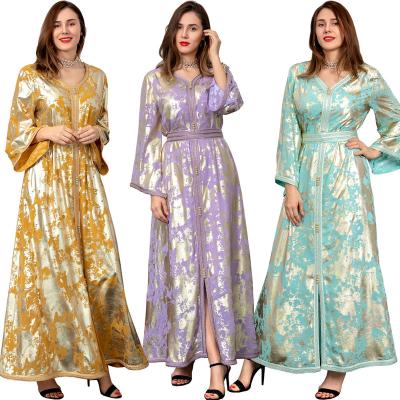 China Modest Muslimah Styling Middle East 2021 autumn and 2021 European and American dress of new winter Muslim gold long dress chiffon evening dress for sale