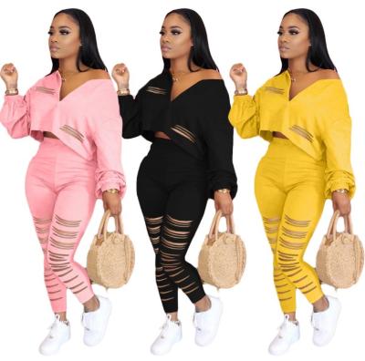 China Anti-wrinkle 2020 simple empty neck cut tracksuit two-piece outfit autumn women's clothing solid colors v 3colors 2 piece clothing set for sale