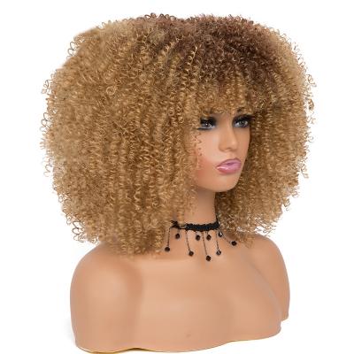 China Glueless Short Hair Afro Kinky Curly Wigs With Bangs For Women Ombre Color Synthetic Natural Glueless Cosplay Blonde Bob Wigs for sale