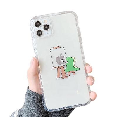 China Anti-drop 2d Girls Cartoon Cute Dinosaur Green UV Printed Clear TPU Cushion Cover Moving Case For iPhone 11 Shock Proof for sale