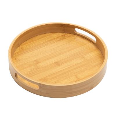 China Natural Round Bamboo Handles Food Serving Tray with Wooden Handles Circle Bamboo Tray for Coffee Table Food Tray for sale